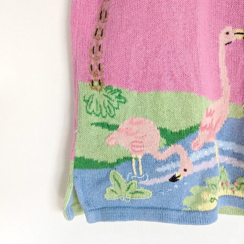 Quacker Factory Flamingo Tropical Novelty Embroidered Knit Top Pink Blue Small S